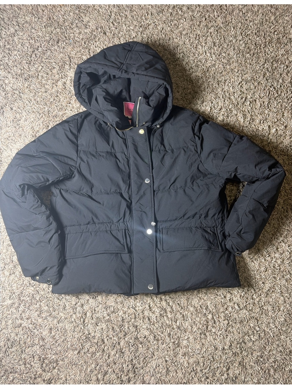 Kate Spade New York Women’s L Black Hooded Puffer Jacket Pink Lining